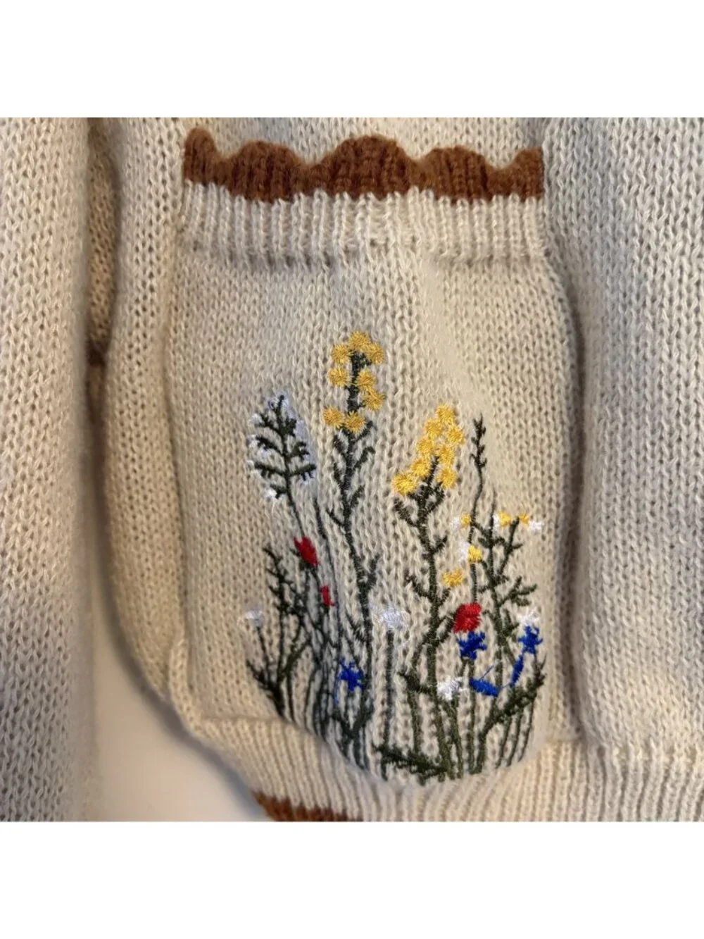 Cottagecore Beige Knit Cardigan 1XL Floral Embroidery Pockets Button Spring NEW - Picture 12 of 16